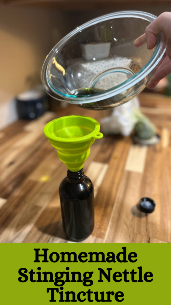 pouring a dark green liquid into an amber bottle through a green funnel with the caption homemade stinging nettle tincture