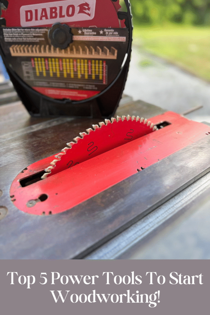 Close Up of a table saw blade with extra blades in the background. Caption on photo that says "top 5 power tools''